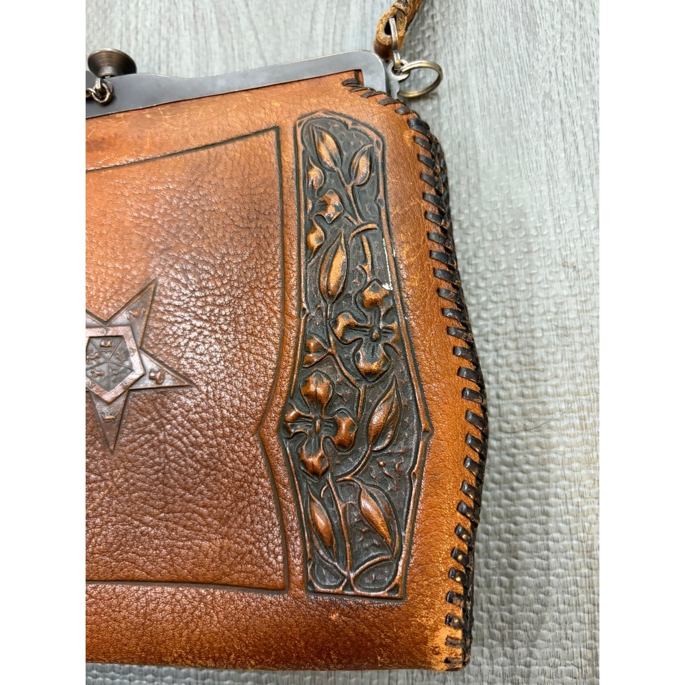 Vintage Meeker Made Tooled Leather OES Eastern Star Handbag Brown Masonic - Picture 3 of 15